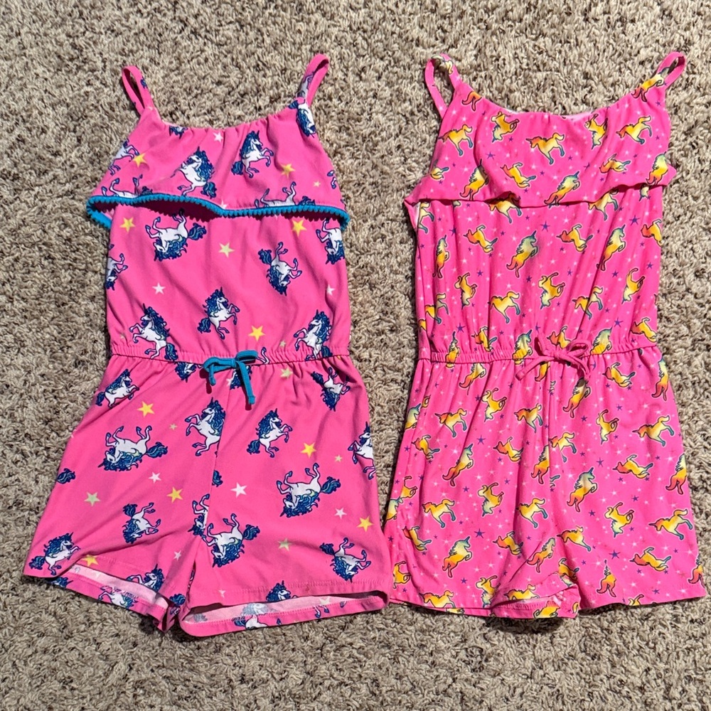 Girls size 7/8 two unicorn rompers one pink and blue and one pink and yellow